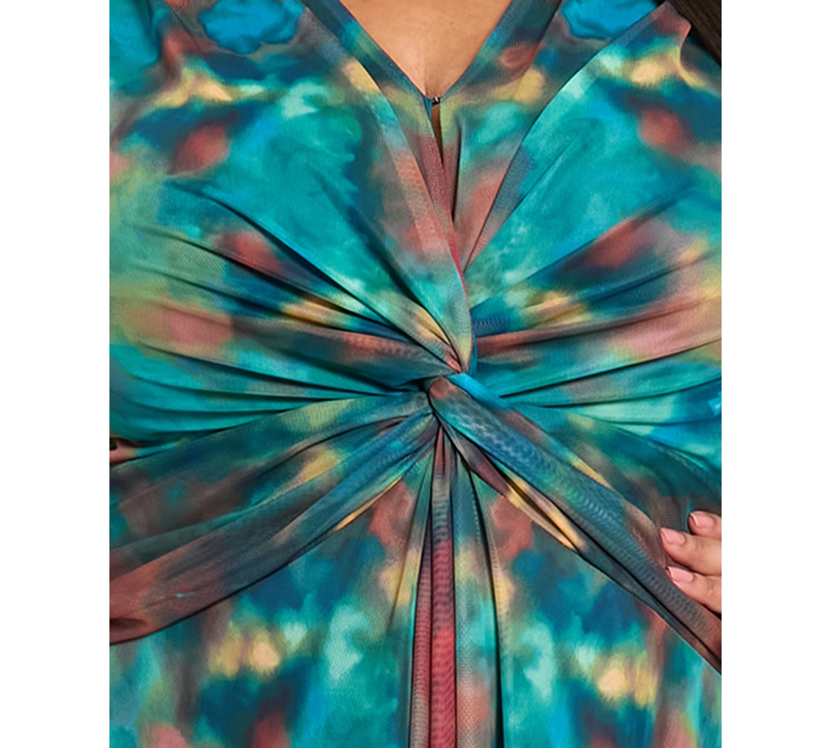 London Times Plus Size Mesh Twist Front Long Sleeve Maxi Dress In Green