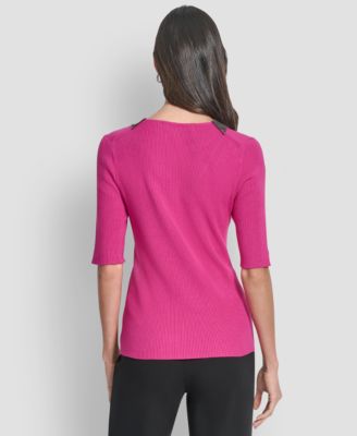 Women's Embellished-Neck Half-Sleeve Ribbed Sweater