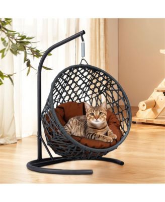 Rattan Wicker Cat Swing Bed with Stand and Brown Cushion Hanging Swinging Cat Bed for Cats and Small Animals
