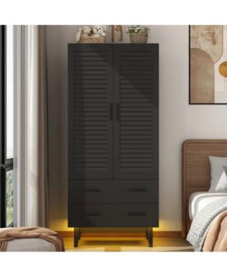 Mid-Century Wardrobe Armoire with Louvered Doors, Drawers, and Hanging Rod