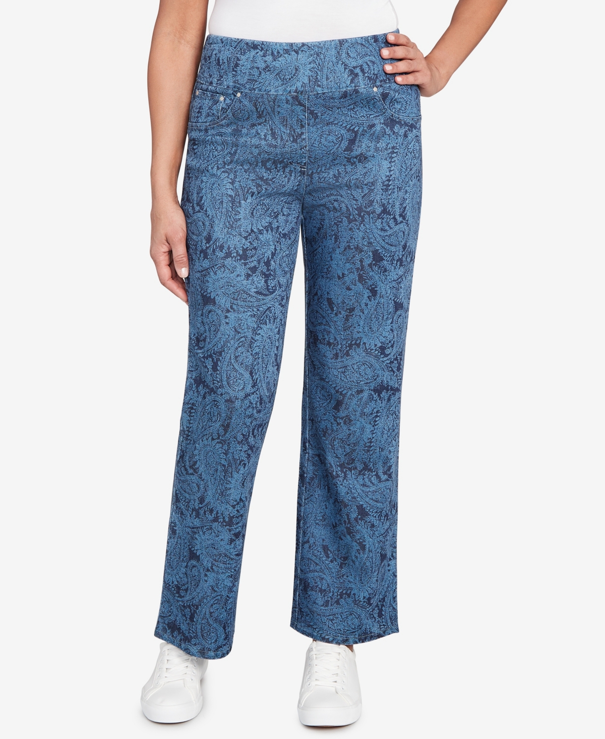 Ruby Rd. Petite Paisley Stretch Denim Pull On Ankle Jeans In Blue
