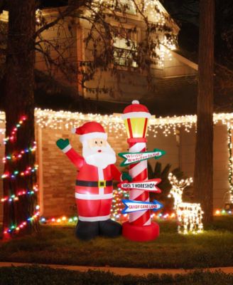 7" Lighted Inflatable Santa with Lamp Post Sign D&eacute;cor