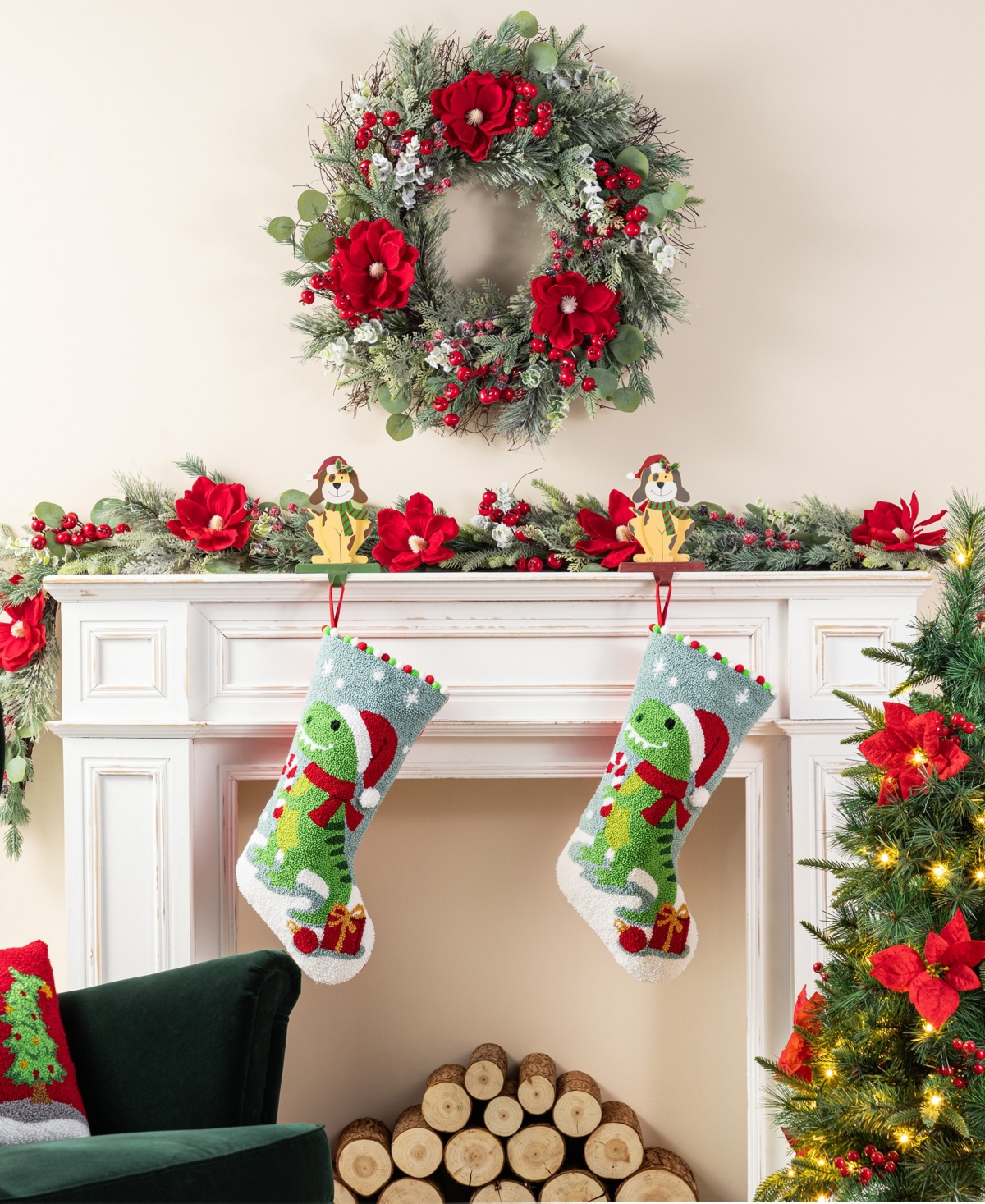 Glitzhome 21" Hooked Dinosaur Christmas Stocking In Multi