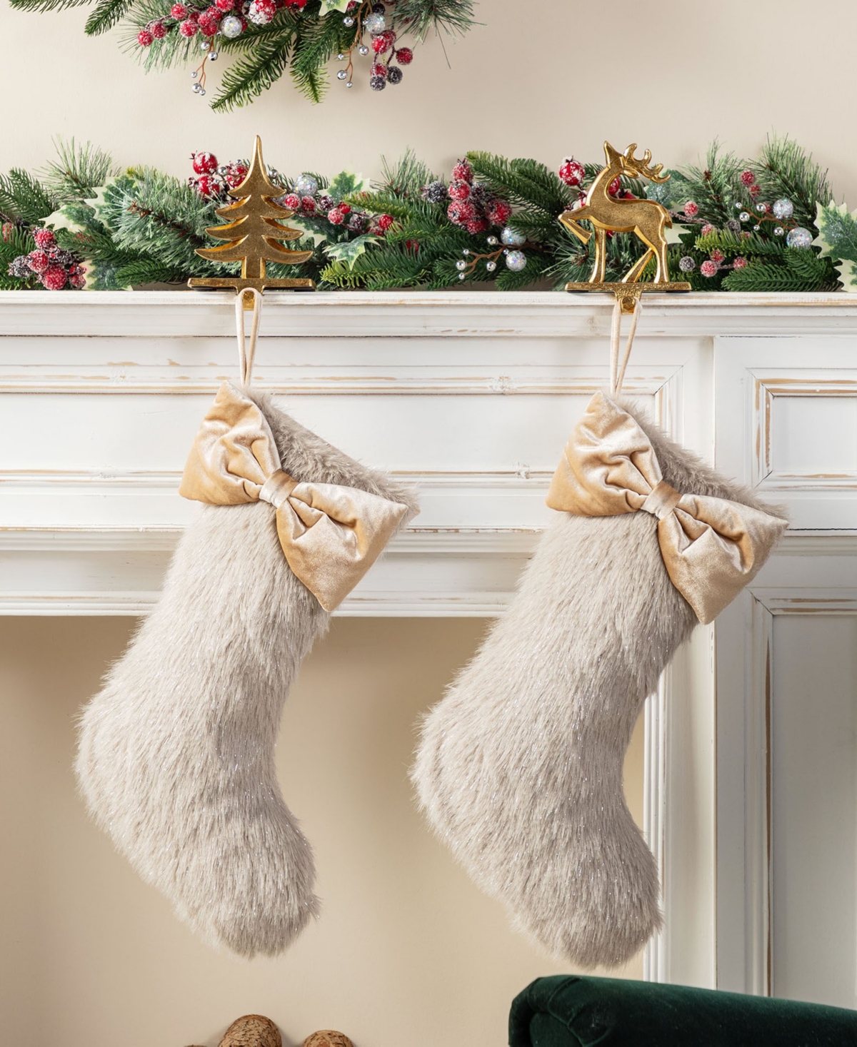 Glitzhome 21" Faux Fox Fur Christmas Stocking With Bow In Multi