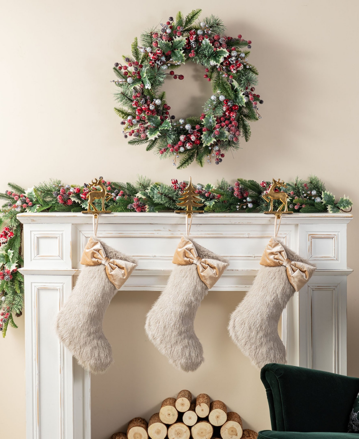 Glitzhome Faux Fox Fur Christmas Stockings With Bow, Set Of 2 In Multi