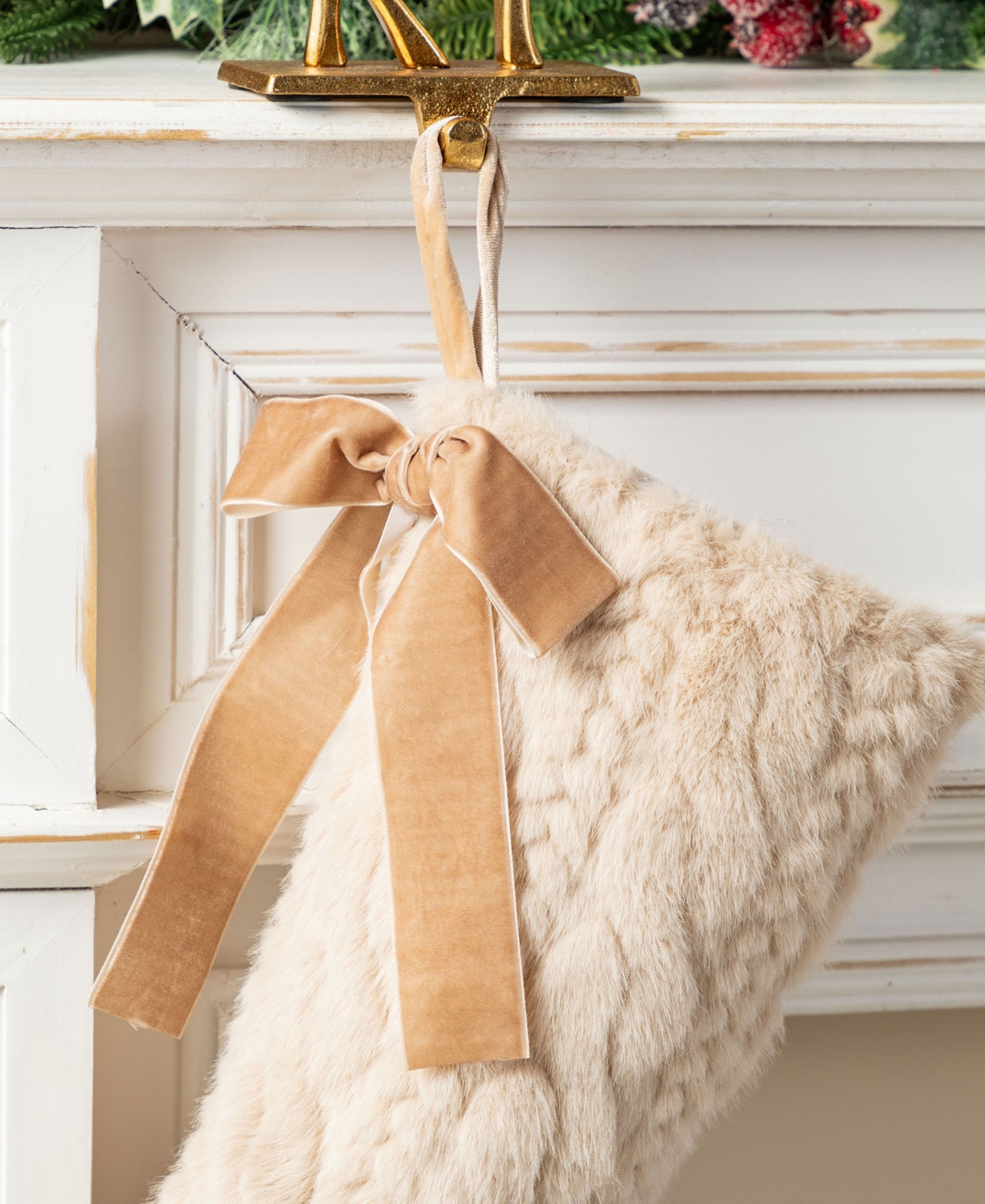 Glitzhome Twisted Faux Marten Fur Christmas Stockings With Bow, Set Of 2 In Multi