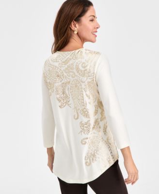 Women's Printed Scoop-Neck 3/4-Sleeve Top, Macy's Exclusive