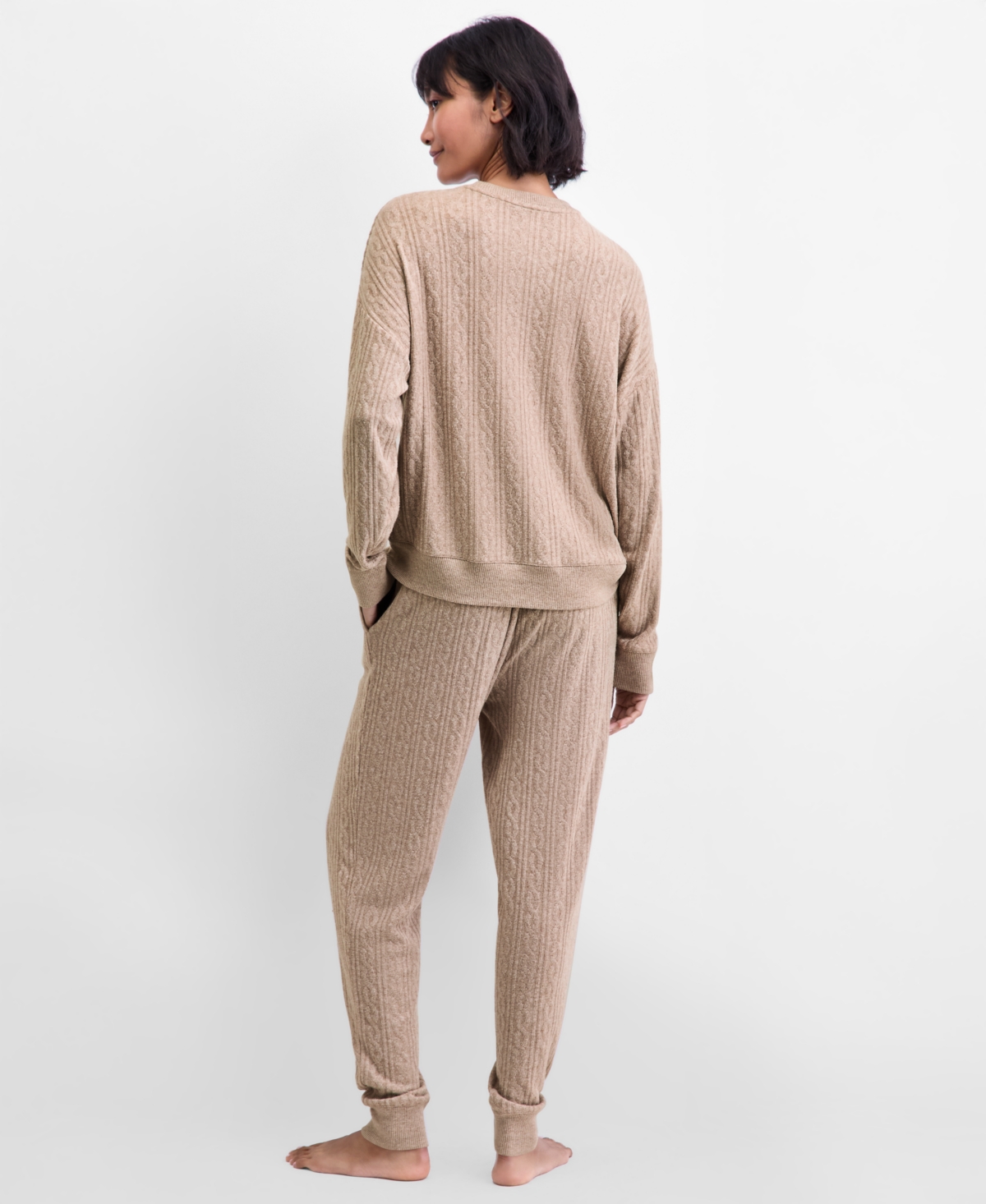 State Of Day Women's Cable Jogger Pajama Set, Xs-3x, Macy's Exclusive In Neutral