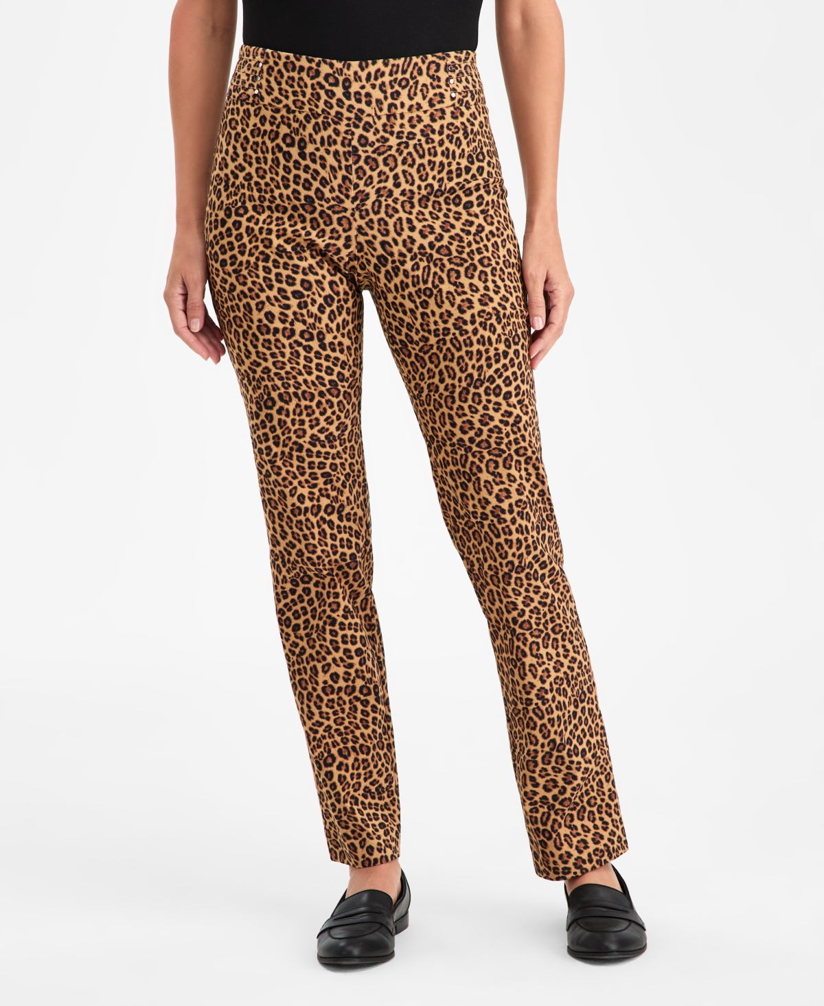 Jm Collection Women's Cheetah Tummy-control Rivet Pants, Macy's Exclusive In Brown