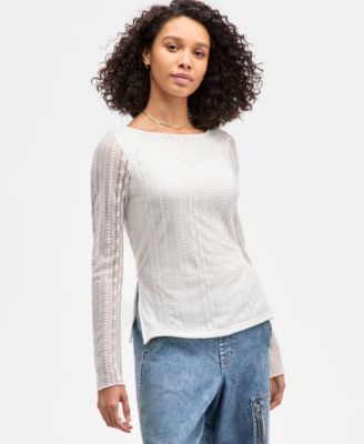 Ultra Flirt - Juniors' Lace Boat-Neck Long-Sleeve Top