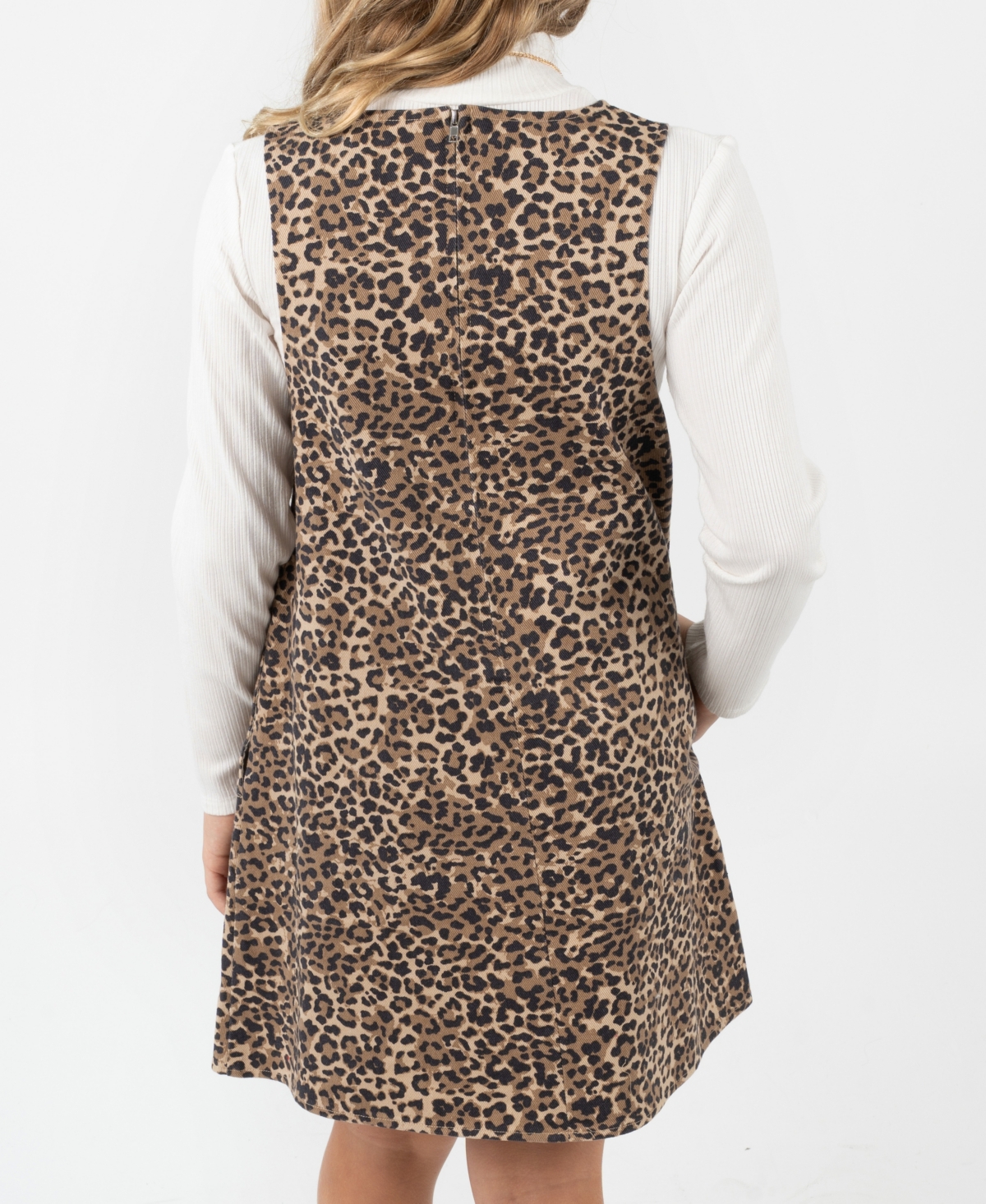 Rare Editions Big Girl 2-piece Denim Animal Printed Dress Over Ribbed T-shirt With Necklace Set In Brown