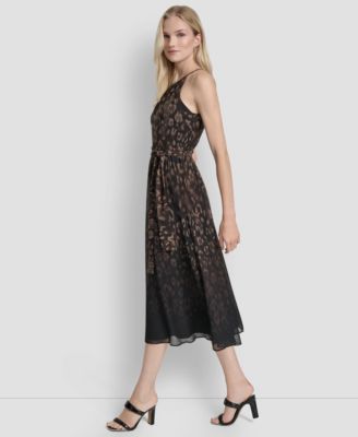 Women's Fit and Flare Sleeveless Crew Neck Midi Dress