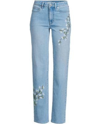 Women's Soft Denim Mid Rise Relaxed Straight Leg Embroidered Jeans