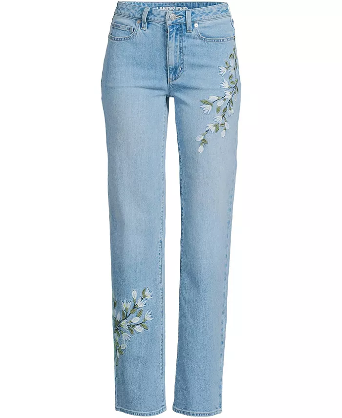 Women's Soft Denim Mid Rise Relaxed Straight Leg Embroidered Jeans - thumbnail 3