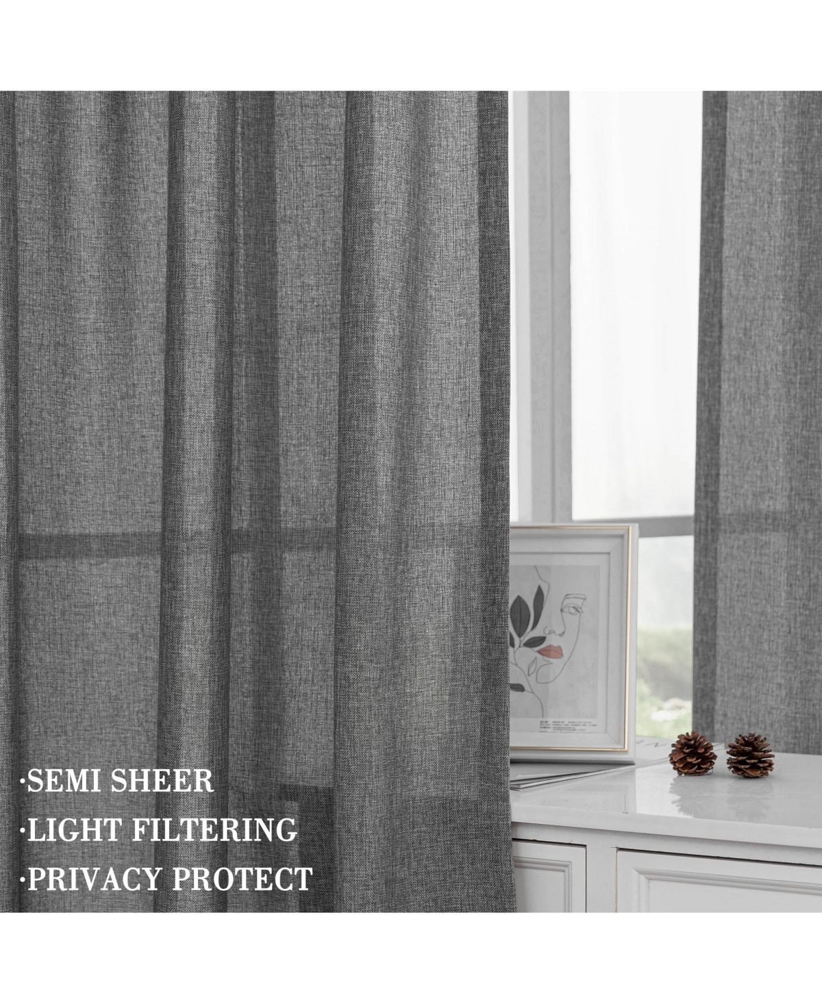 Awesome Home Faux Linen Texture Light Filtering Back Tab Curtains, Semi Sheer Farmhouse Window Curtains (2 Panels), 52"x84"