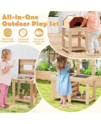 3-Piece Outdoor Kitchen Set Mud Kitchen with Separate BBQ Grill and Pizza Oven