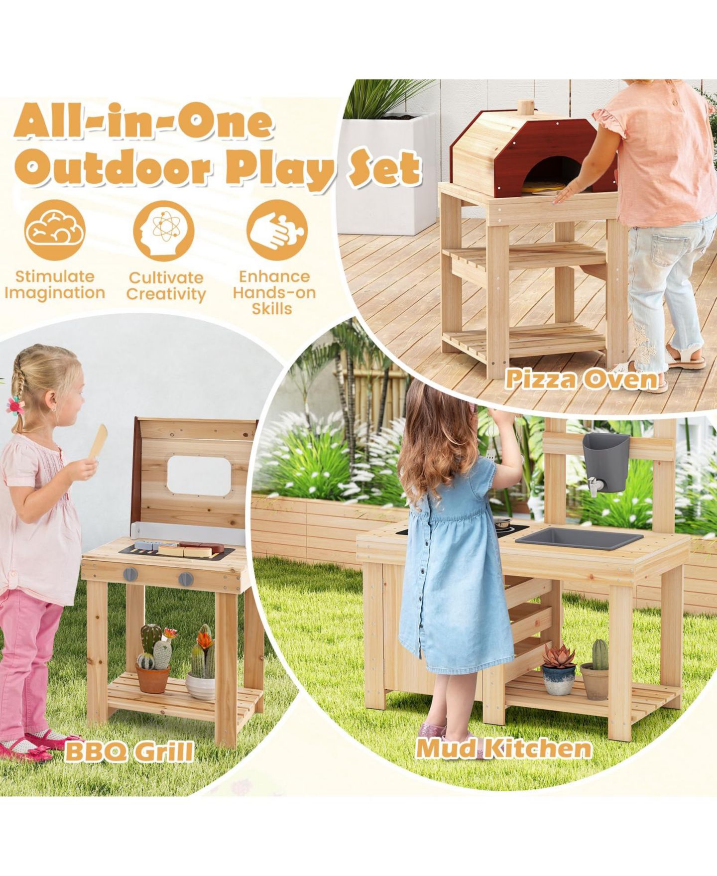 Детские игрушки Mecale 3-Piece Outdoor Kitchen Set Mud Kitchen with Separate BBQ Grill and Pizza Oven — фото 8