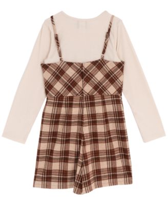 Big Girls 2-Piece Plaid Top, Jumper with Shorts, and Necklace Set
