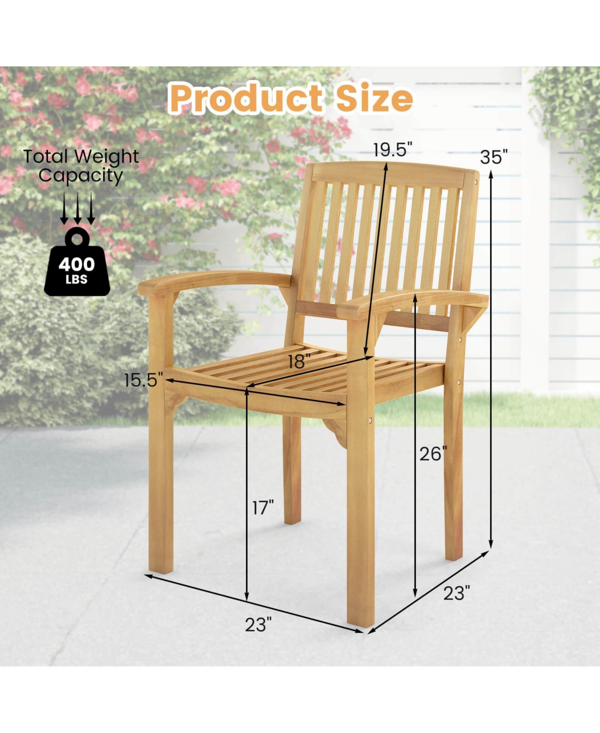 Outdoor Patio Chair Teak Wood Armchair with Slatted Seat & Curved Seat