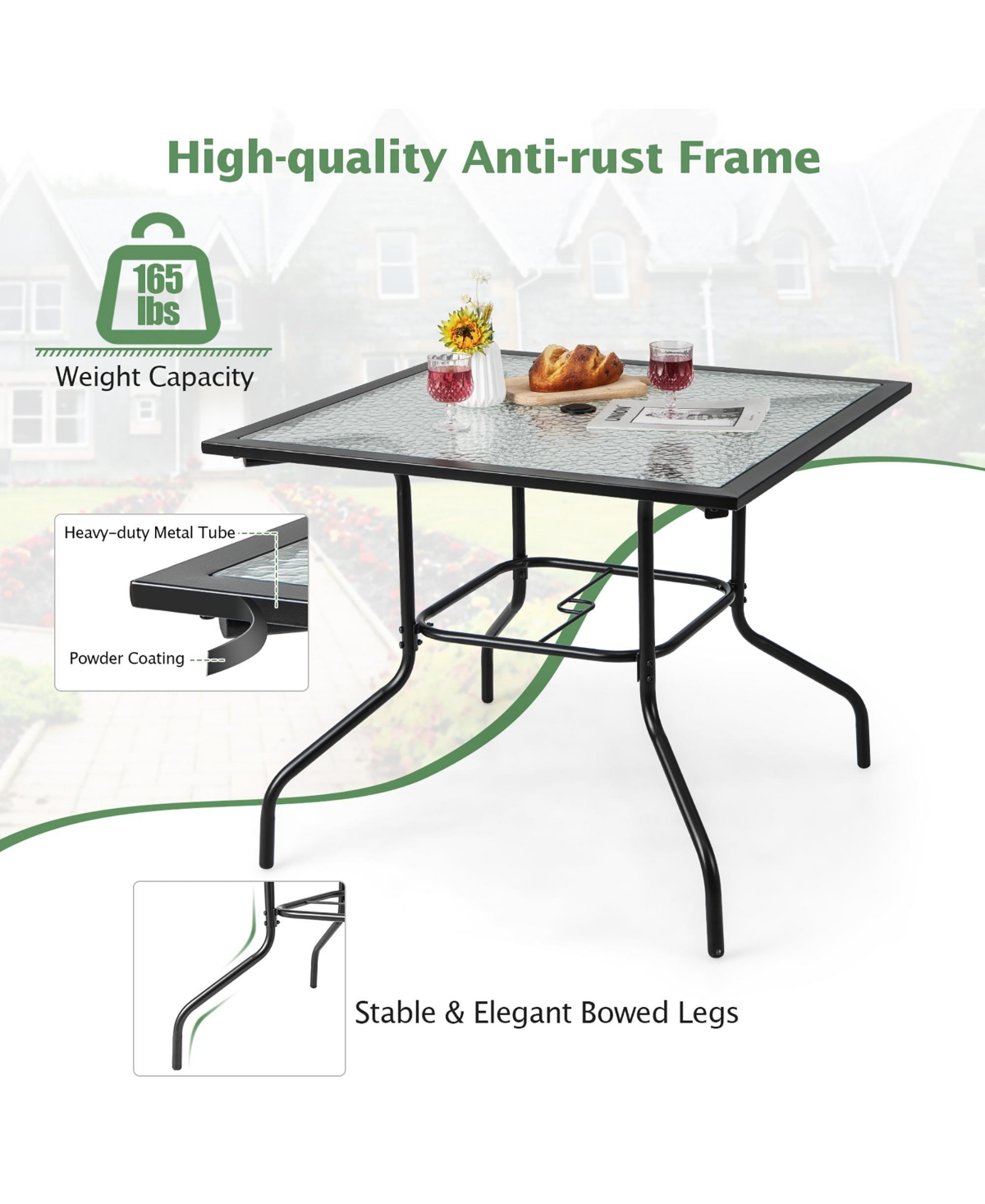 Gymax 35'' Patio Dining Table Square Outdoor Dining Table with Tempered Glass Tabletop