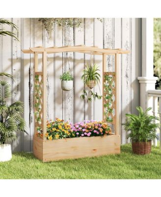 Wooden Raised Garden Bed w/ Trellis & Hanging Roof Planter Box Drainage System