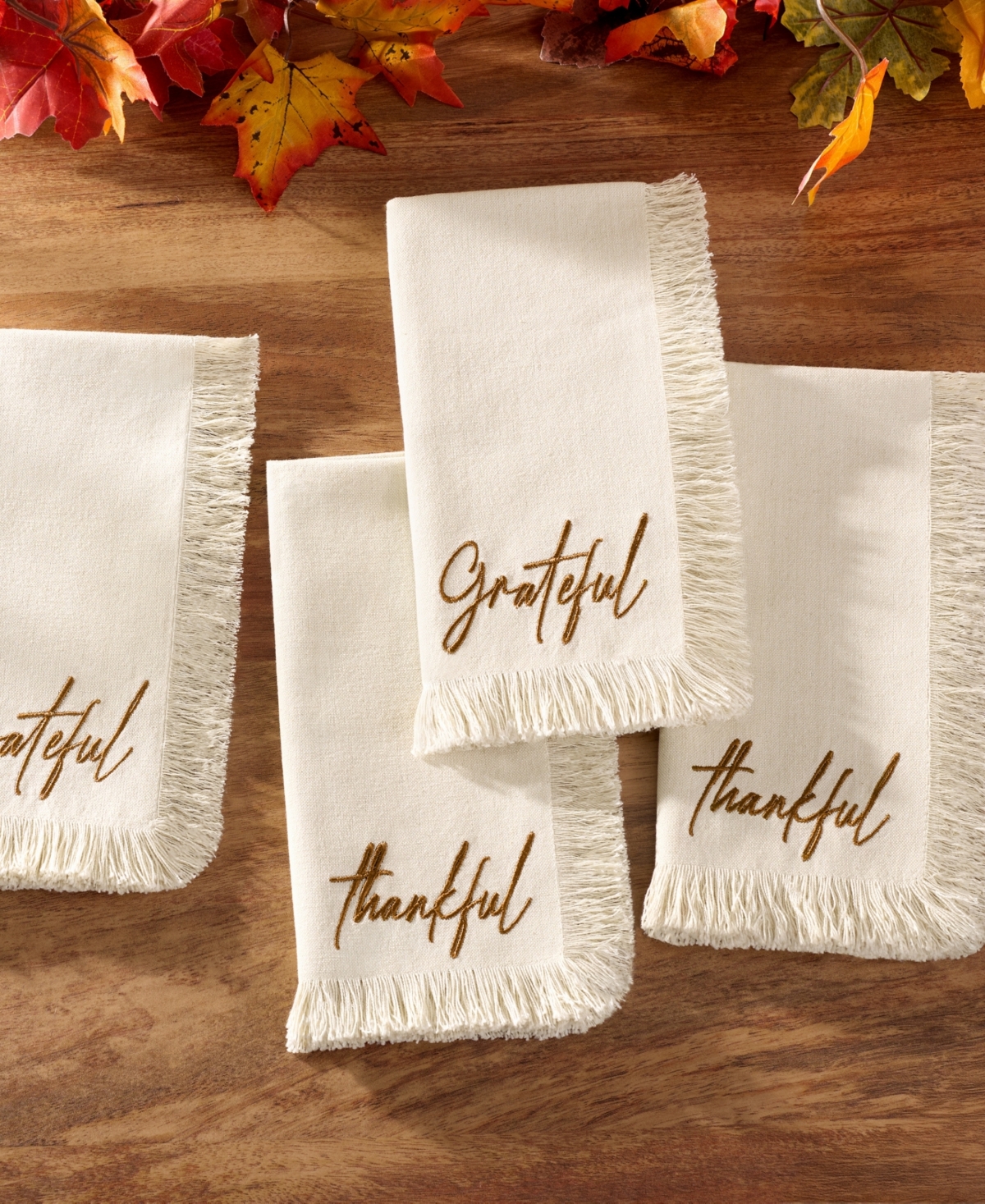Elrene Fringed Harvest Sentiment Cotton Napkins, Set Of 4 In Nude