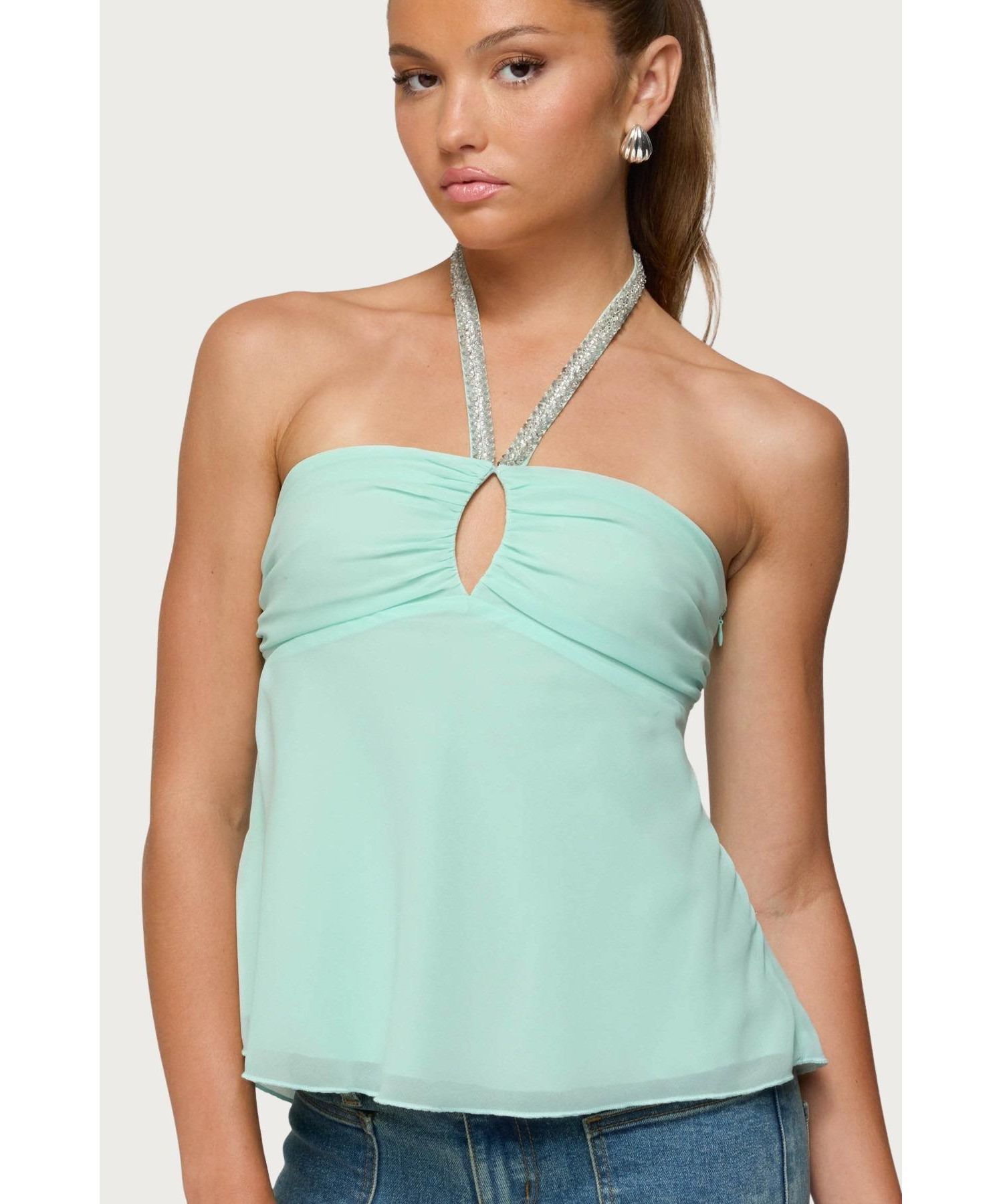 Women's Sequin Chiffon Keyhole Halter Top
