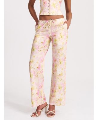 Women's Laureen Pink Floral Print Linen Straight Pants