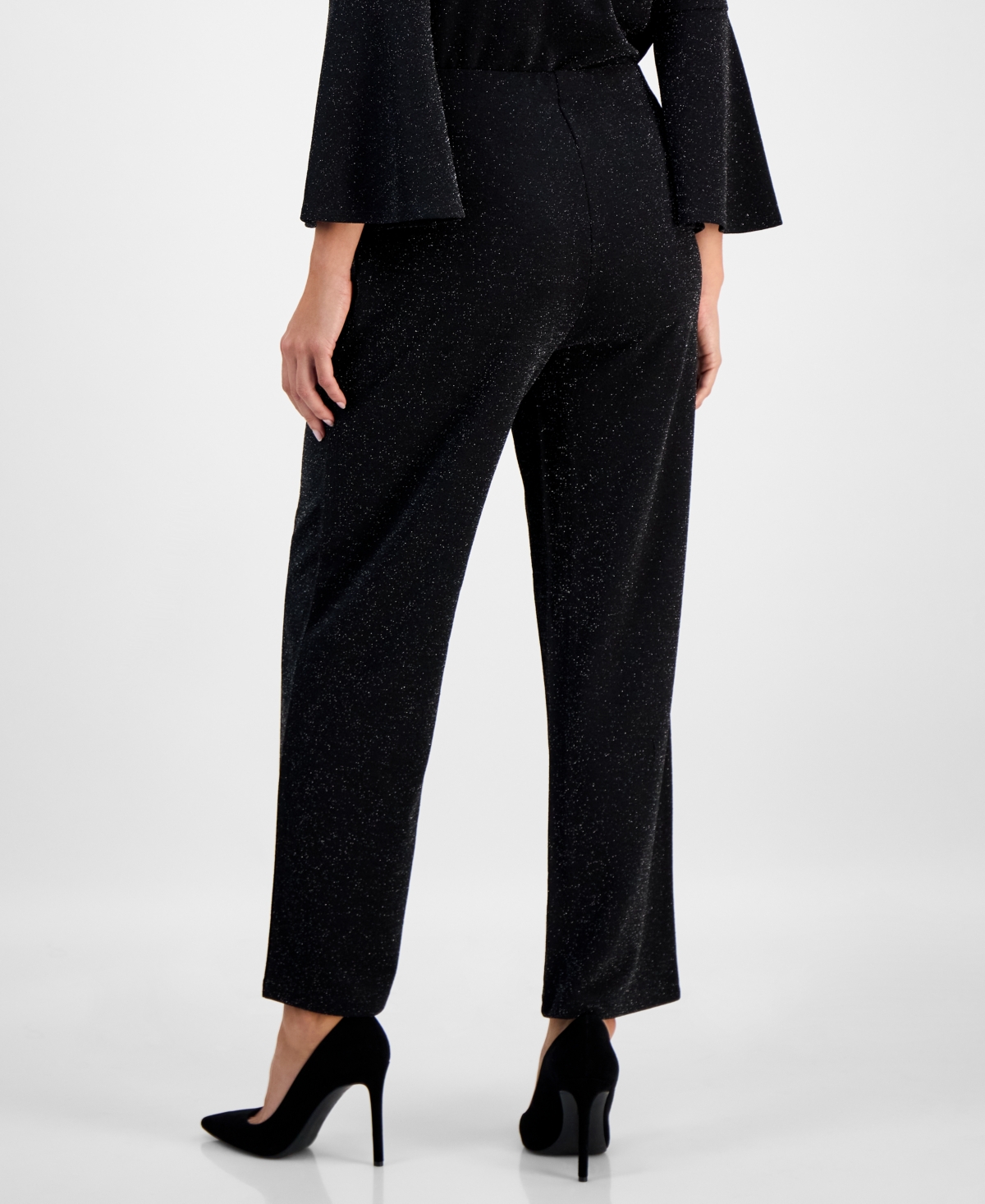 Ak Anne Klein Petite Pull-on Mid-rise Wide-leg Shimmer Pants In Black