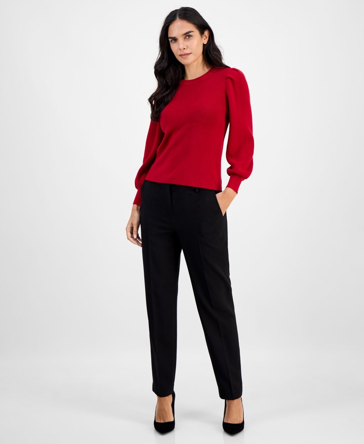 Ak Anne Klein Petite Crewneck Long-puff-sleeve Sweater In Red