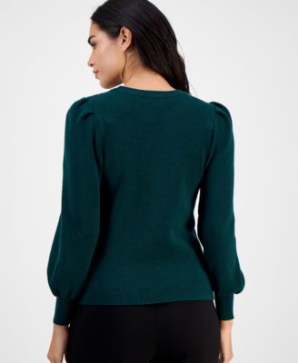 Petite Crewneck Long-Puff-Sleeve Sweater 