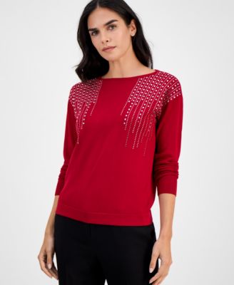 AK Anne Klein - Petite Embellished Boat-Neck Long-Sleeve Top