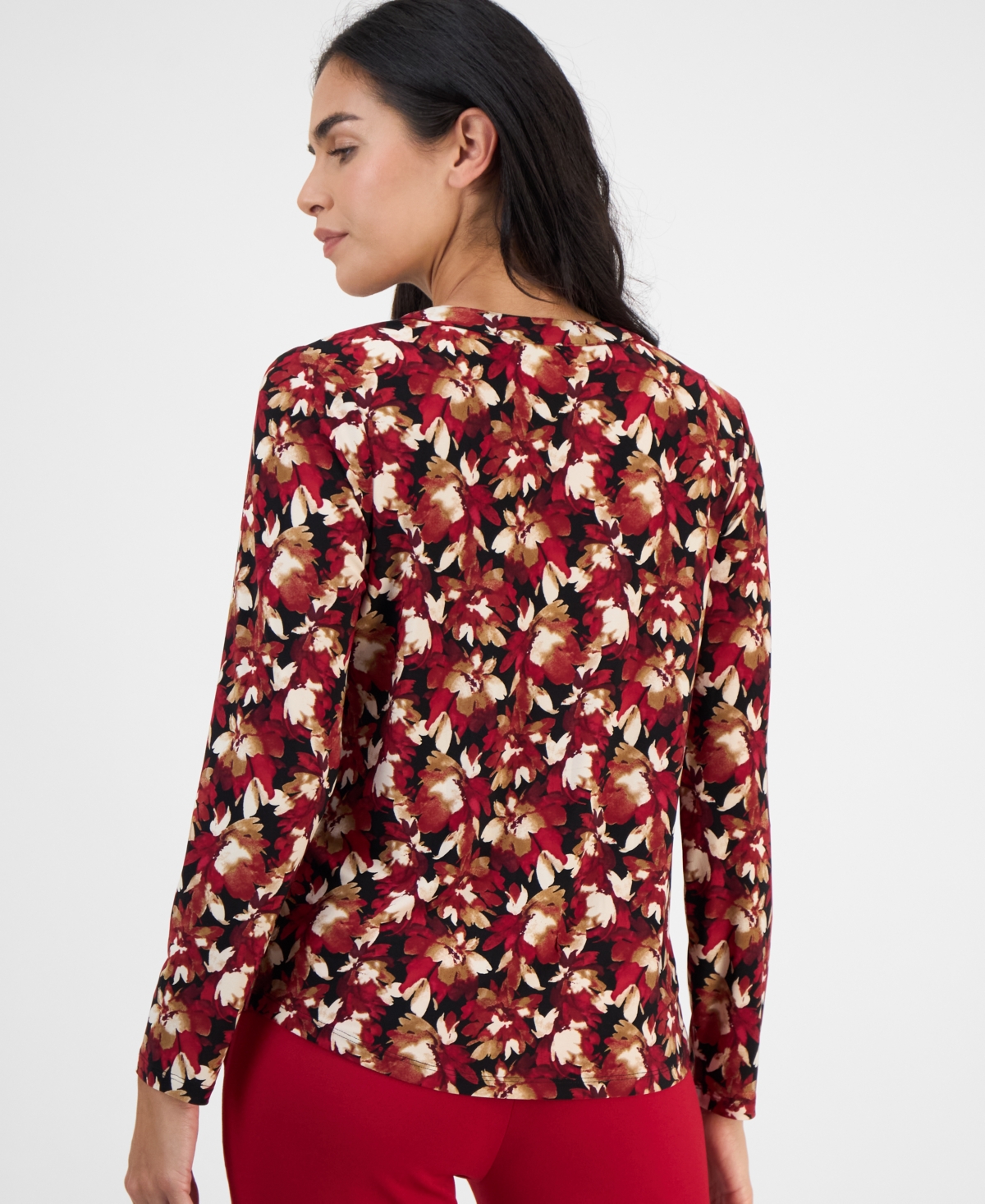 Ak Anne Klein Petite Floral-Print Long-Sleeve Top
