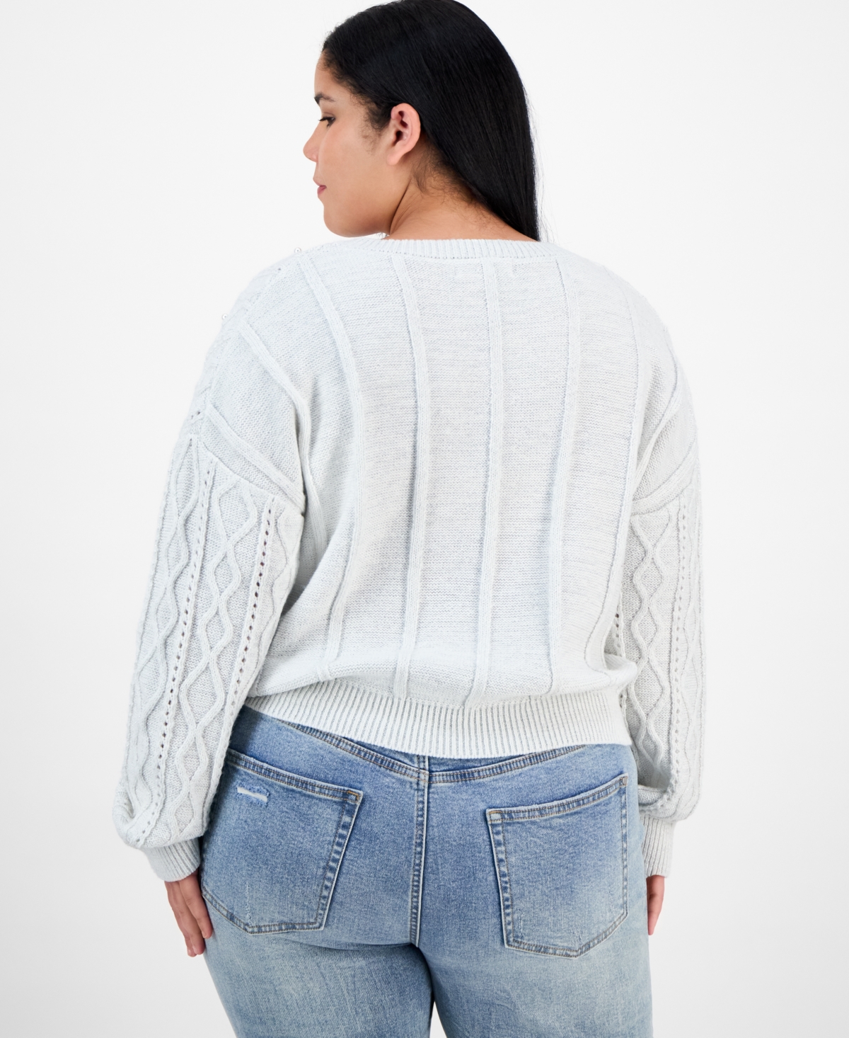 Madden Girl Trendy Plus Pearl Cable-Knit Scoop-Neck Sweater