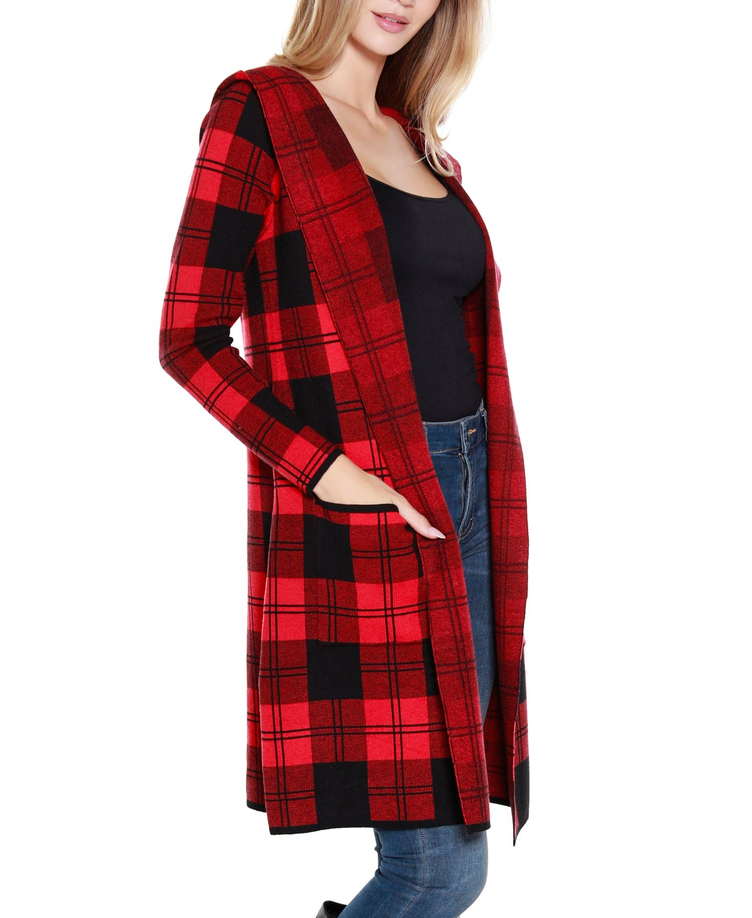 Women's Hooded Checkered Plaid Coatigan Sweater
