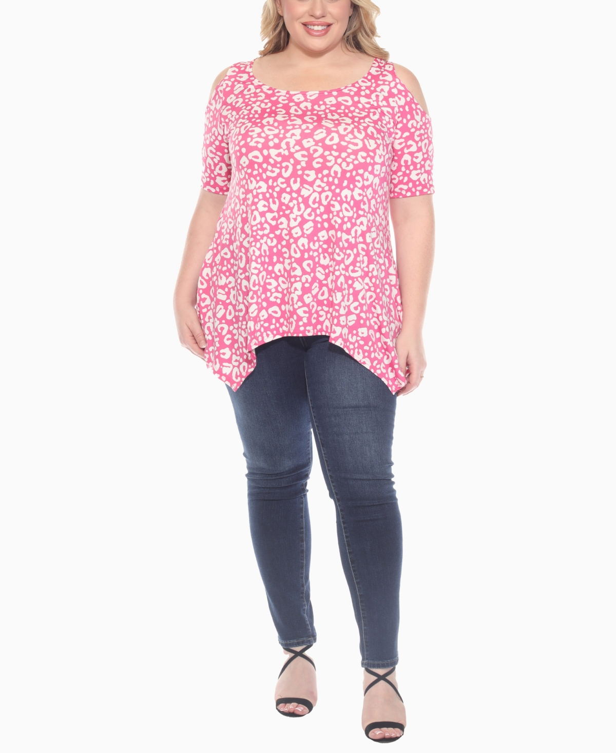 White Mark Plus Size Cold Shoulder Leopard Print Short Sleeve Knit Top In Pink