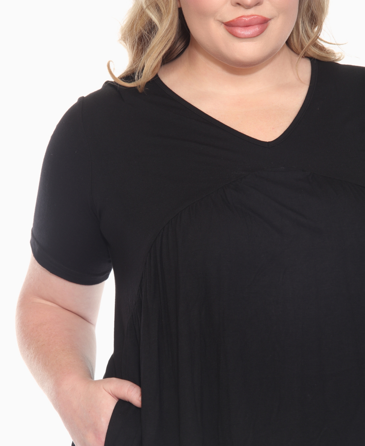 White Mark Plus Size Short Sleeve Shirred Front Knit Top In Black