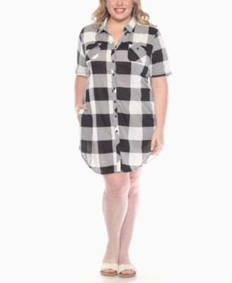 Plus Size Short Sleeve Plaid Button-Down Shirt Dress