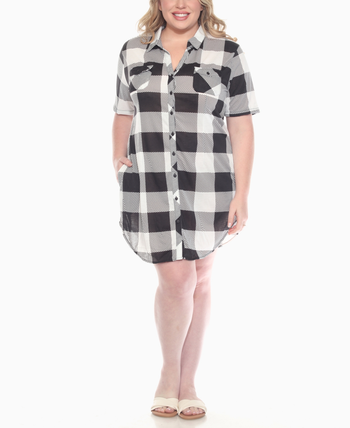 White Mark Plus Size Short Sleeve Plaid Button-down Shirt Dress In Black