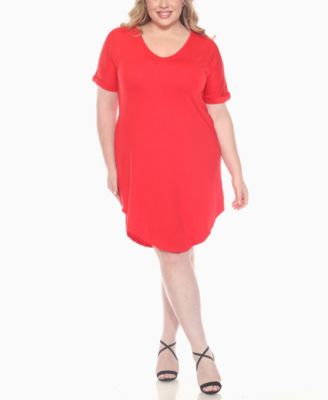 Plus Size V-Neck Folded Sleeves and Pockets Knee-Length Dress