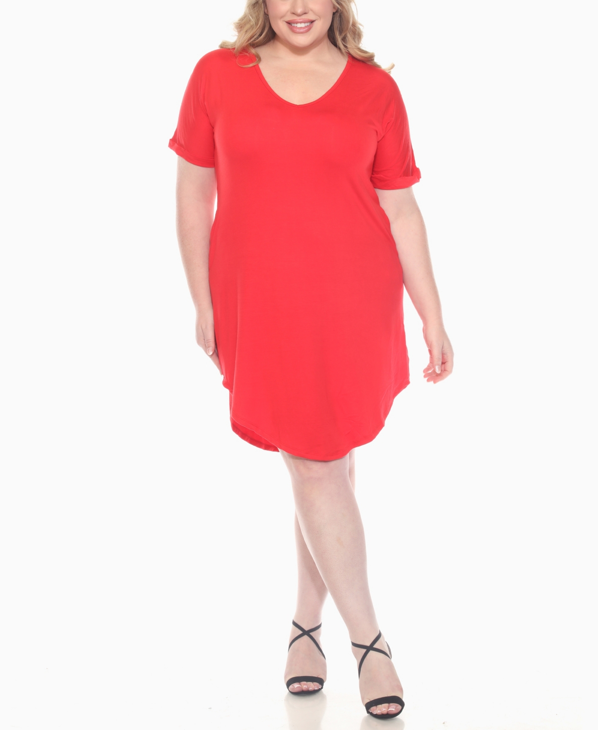 White Mark Plus Size V-neck Folded Sleeves And Pockets Knee-length Dress In Red