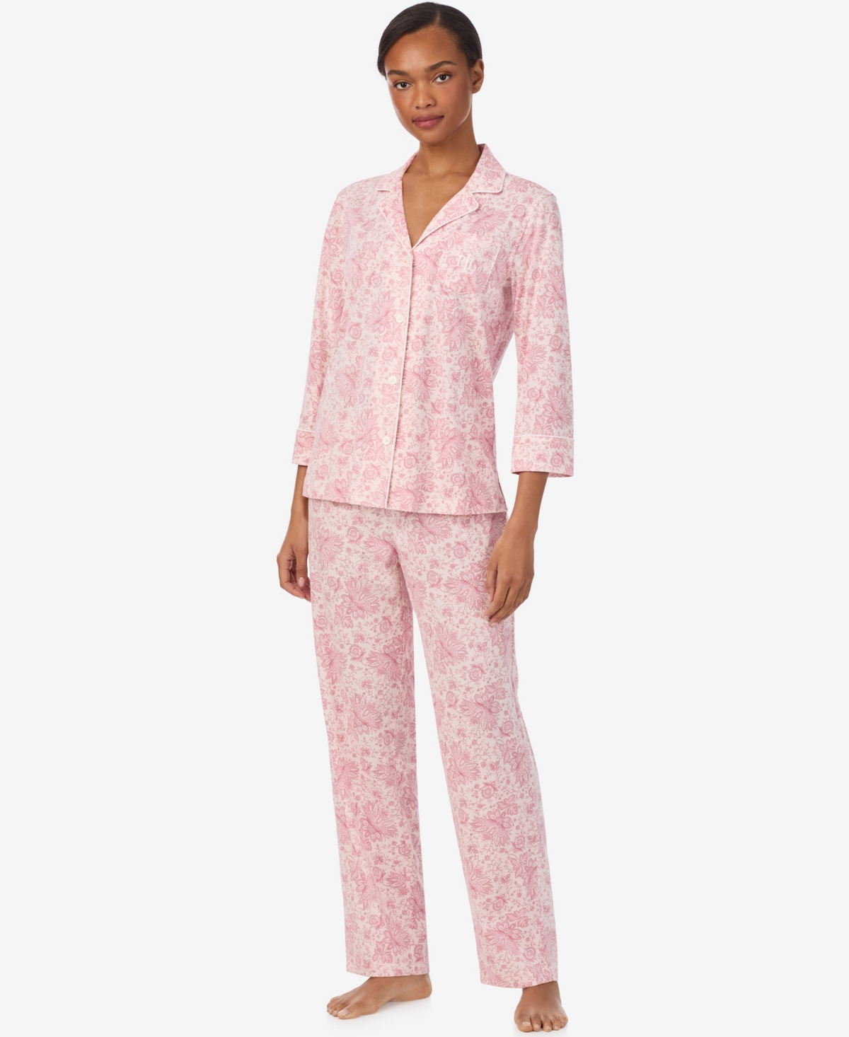 Ralph Lauren Plus Size 2-piece Pajama Top And Pant Set In Pink