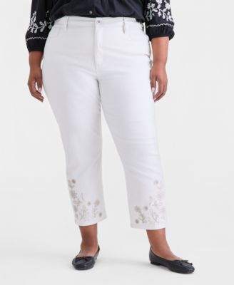 Plus Size Embroidered High-Rise Straight-Leg Cropped Jeans, Macy's Exclusive