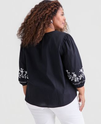Plus Size Cotton Embroidered 3/4-Sleeve Blouse, Macy's Exclusive