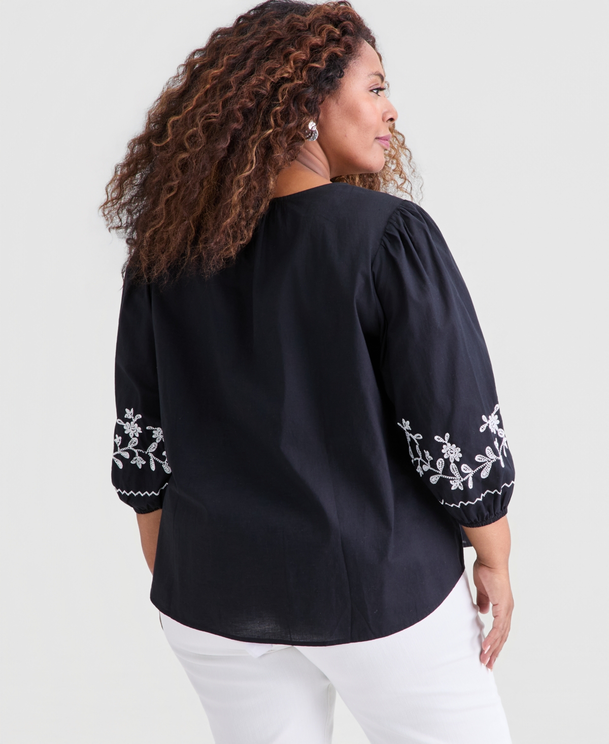 Style & Co Plus Cotton Embroidered 3/4-Sleeve Blouse, Macy's Exclusive