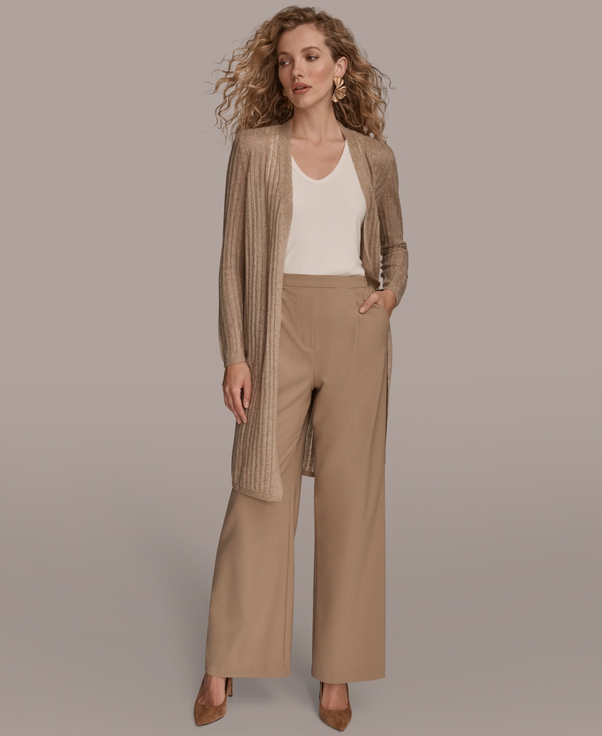 Donna Karan New York Pointelle Cardigan In Brown