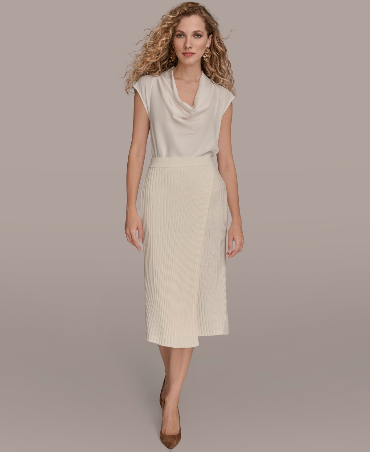 Donna Karan Women's Rib Knit Wrap Midi Skirt In White