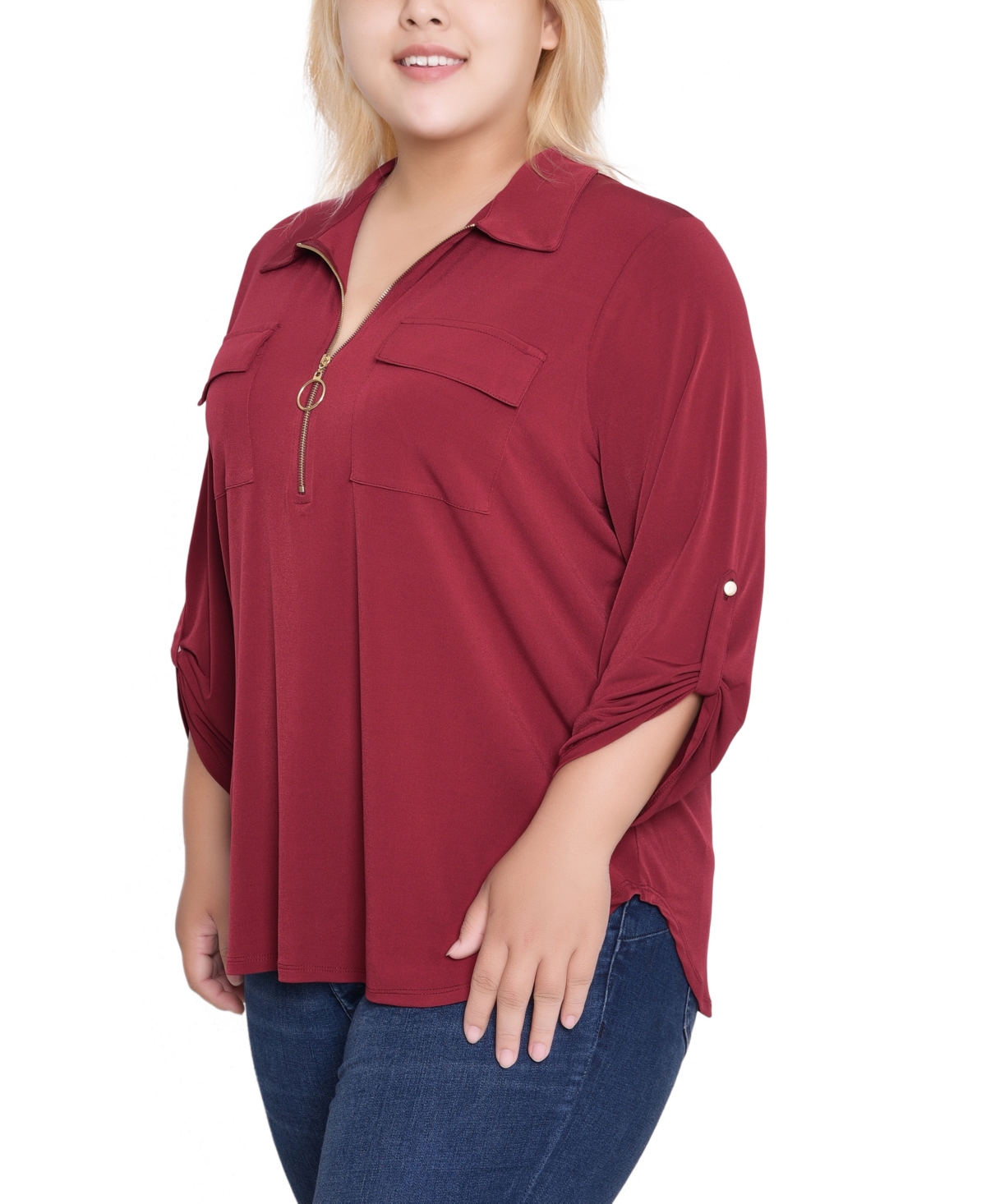Ny Collection Plus Size 3/4 Roll Tab Zip Front Top In Brown