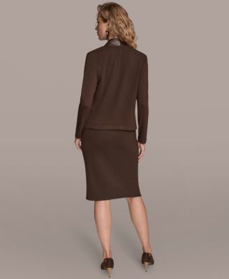Donna Karan Womens Pleat Detail Sleeveless Top Wrap Waist Belted Skirt Large Buckle Detail Coat In Brown