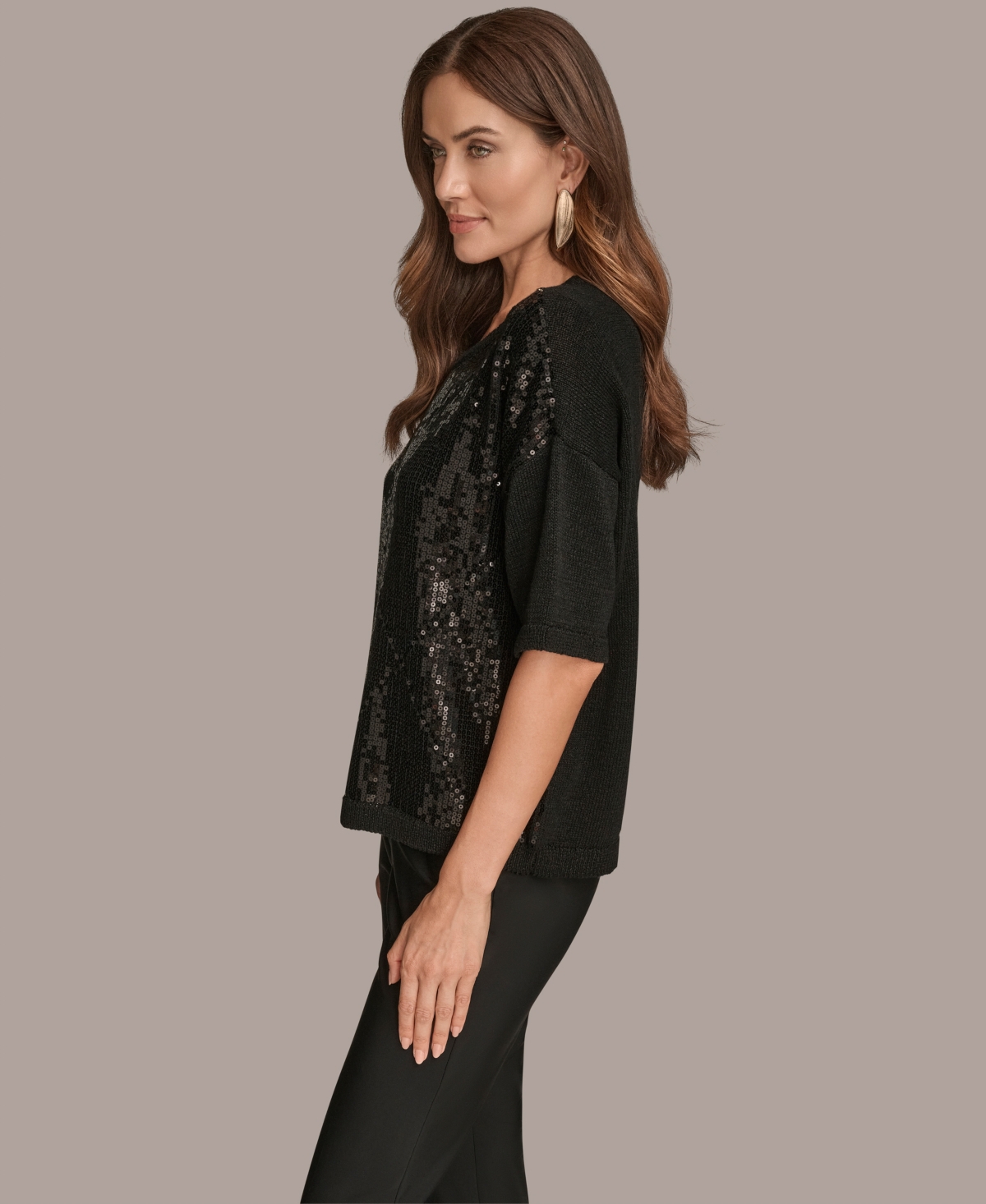 Donna Karan New York Short Sleeve Sequin Sweater In Black